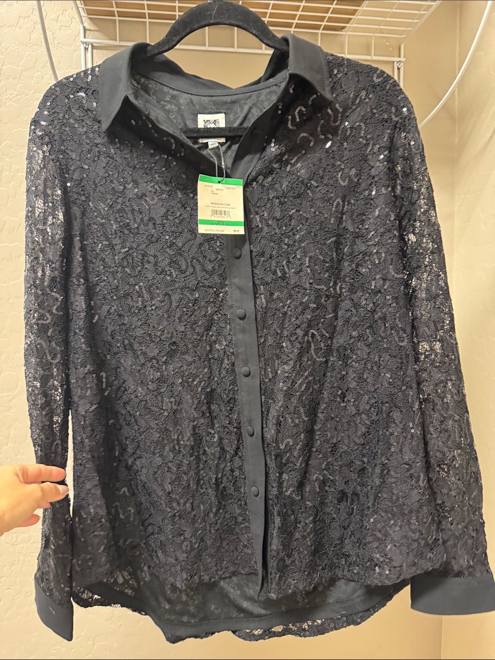 Anne Klein Black Collared Top Embroidery and Sequins